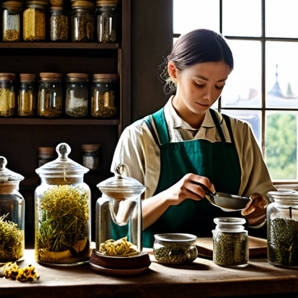 **Title:** "A Herbalist's Sanctuary"
**Prompt:** A sunlit apothecary filled with glass jars of dried herbs, chamomile flowers, and ginger roots. A fully clothed herbalist in modest attire, carefully prepares a tea infusion. Safe for work, appropriate content, perfect anatomy, natural proportions, professional photography, warm lighting.
