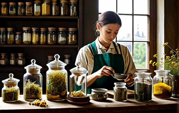 **Title:** "A Herbalist's Sanctuary"
**Prompt:** A sunlit apothecary filled with glass jars of dried herbs, chamomile flowers, and ginger roots. A fully clothed herbalist in modest attire, carefully prepares a tea infusion. Safe for work, appropriate content, perfect anatomy, natural proportions, professional photography, warm lighting.