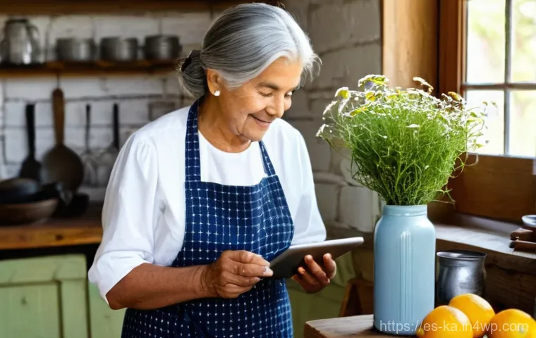 자연 처방 제도와 자가 치료의 관계 - **Prompt:** A heartwarming scene in a sun-drenched, rustic kitchen, where an elderly Latina grandmot...