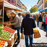 Home 20 자연 처방 제도와 사회적 책임 - A vibrant urban farmer’s market scene in a Spanish-speaking city, featuring diverse local vendors se...