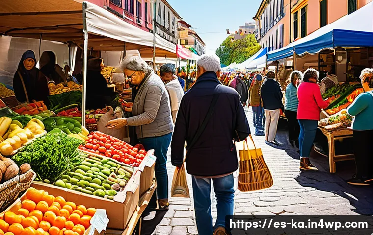 자연 처방 제도와 사회적 책임 - A vibrant urban farmer’s market scene in a Spanish-speaking city, featuring diverse local vendors se...