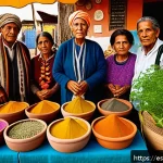 Home 23 자연 처방 제도의 성공적인 사례 연구 - A vibrant Latin American outdoor herbal market scene at sunrise, featuring local vendors in traditio...