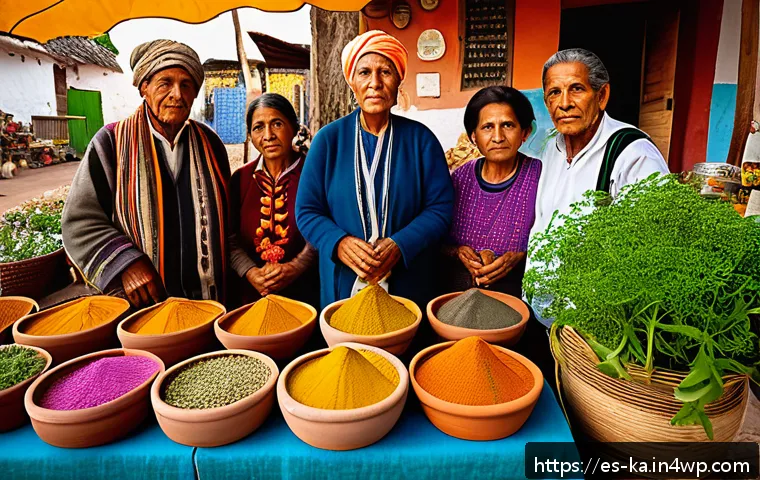 자연 처방 제도의 성공적인 사례 연구 - A vibrant Latin American outdoor herbal market scene at sunrise, featuring local vendors in traditio...